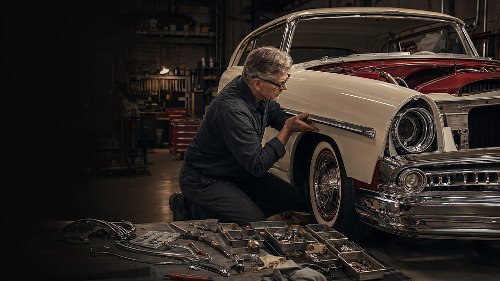 Craftsperson fitting chrome trim during classic car restoration.png