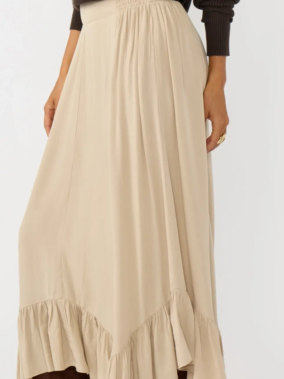 Flowy bohemian maxi skirt with ruffle hem and smocked waist
