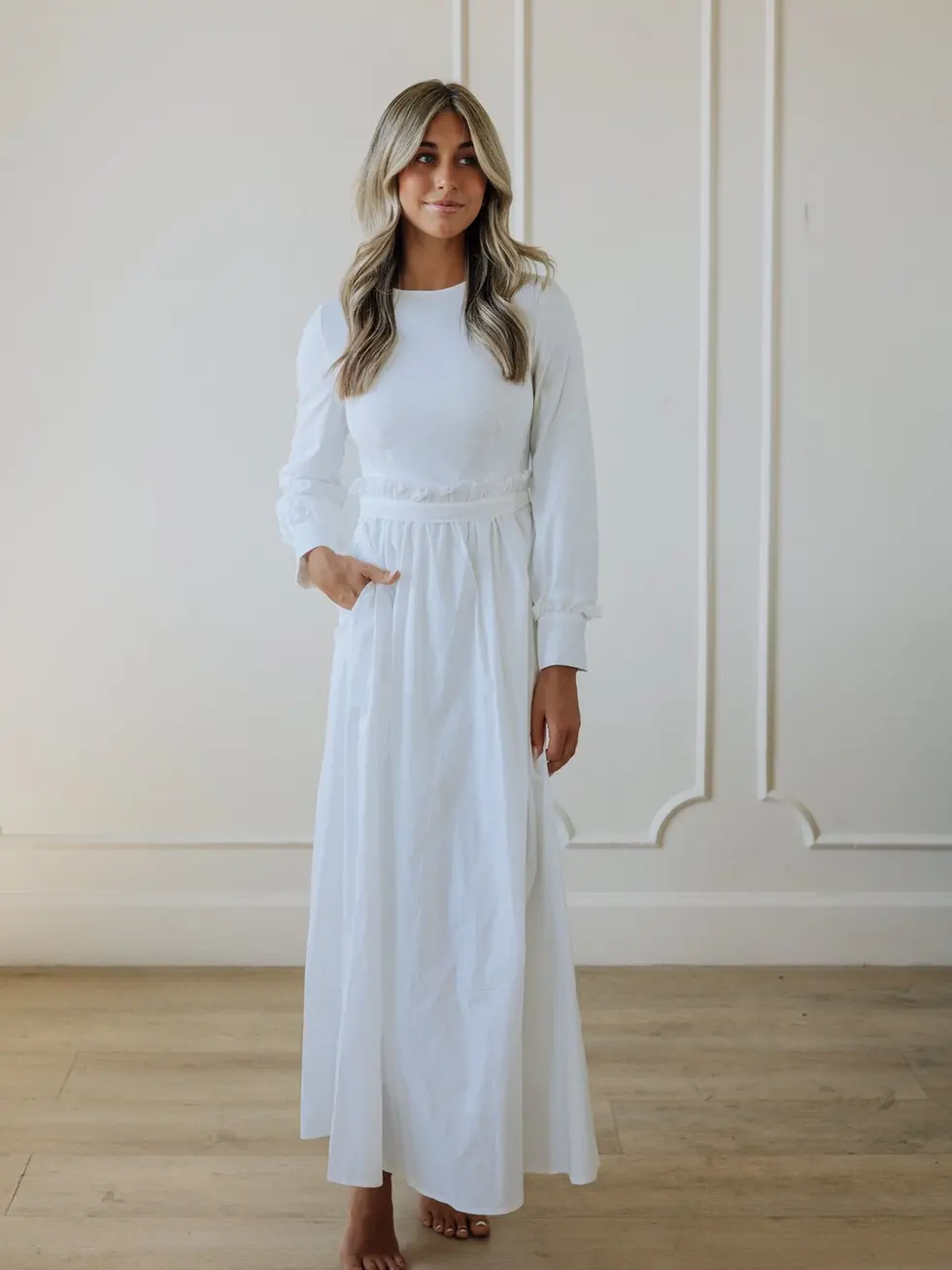 White pleated cotton linen LDS temple dress with structured fit and long sleeves