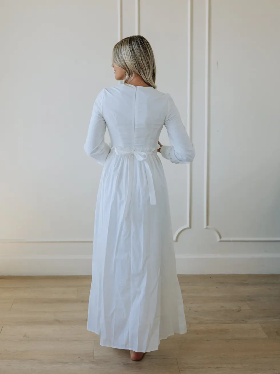 White pleated cotton linen LDS temple dress with structured fit and long sleeves