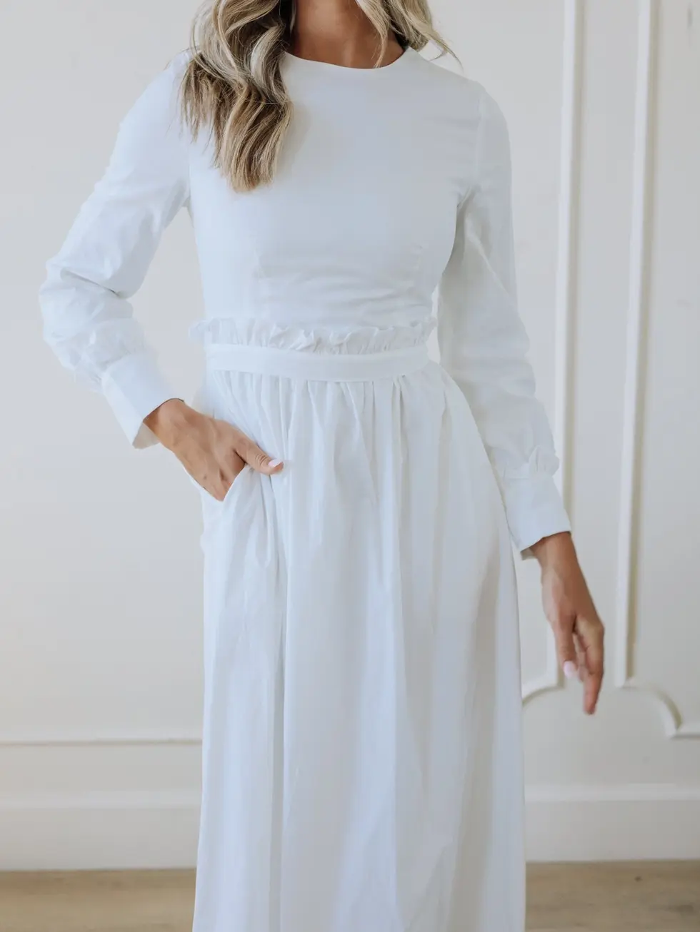 White pleated cotton linen LDS temple dress with structured fit and long sleeves
