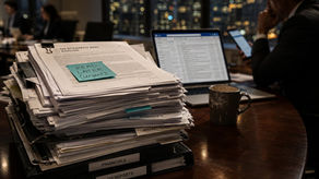 A large stack of business reports with a “READ LATER” sticky note sits on a boardroom table. In the background, a business professional checks an email-filled tablet beside a neglected coffee mug, with a blurred city office at dusk.