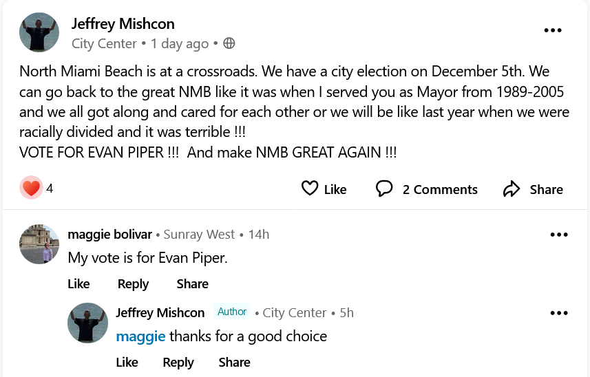 Former Mayor Jeffrey Mishcon calling for voters to Make NMB GREAT AGAIN! and vote for Evan Piper