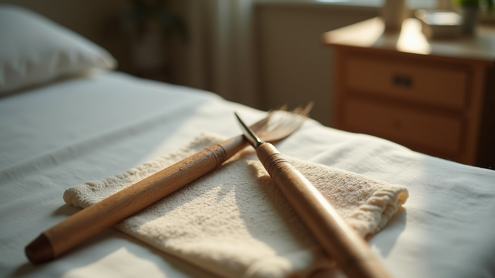 High angle view of a wooden sculpting tool on a treatment bed