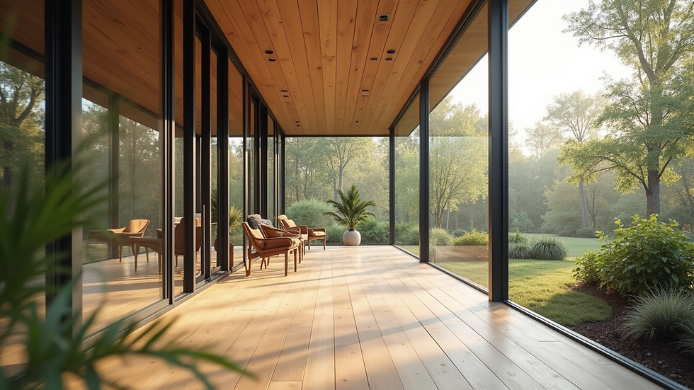 Eye-level view of a modern eco-friendly home with large windows