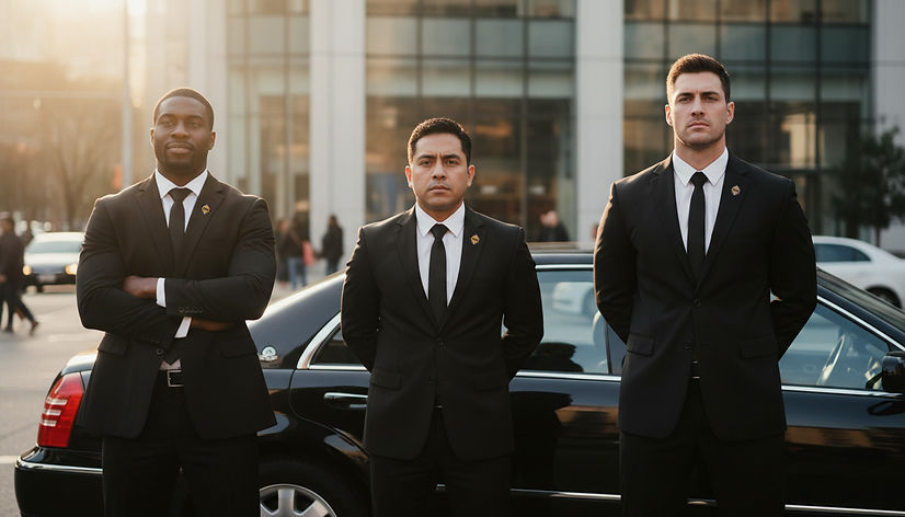 Firefly_Gemini-Flash_Security-detail-guarding-a-car,-one-black-guy,-one-mexican-guy-,-one-