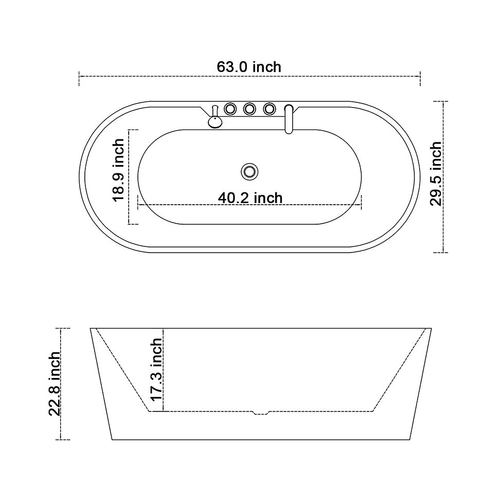 Miniature : Whirlwell 63x29.5 freestanding soaking bathtub technical dimensions diagram, top and side view