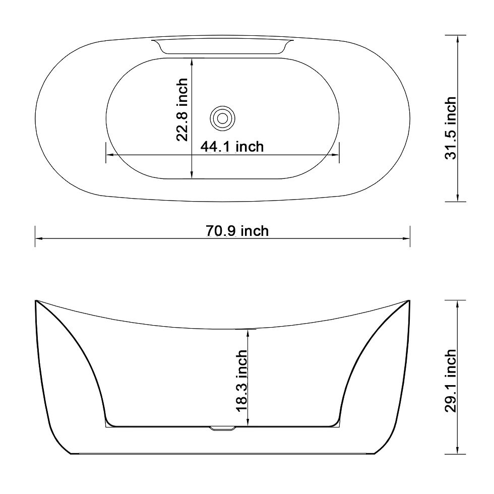Miniature : Whirlwell 71x31.5 freestanding soaking bathtub technical dimensions diagram, top and side view