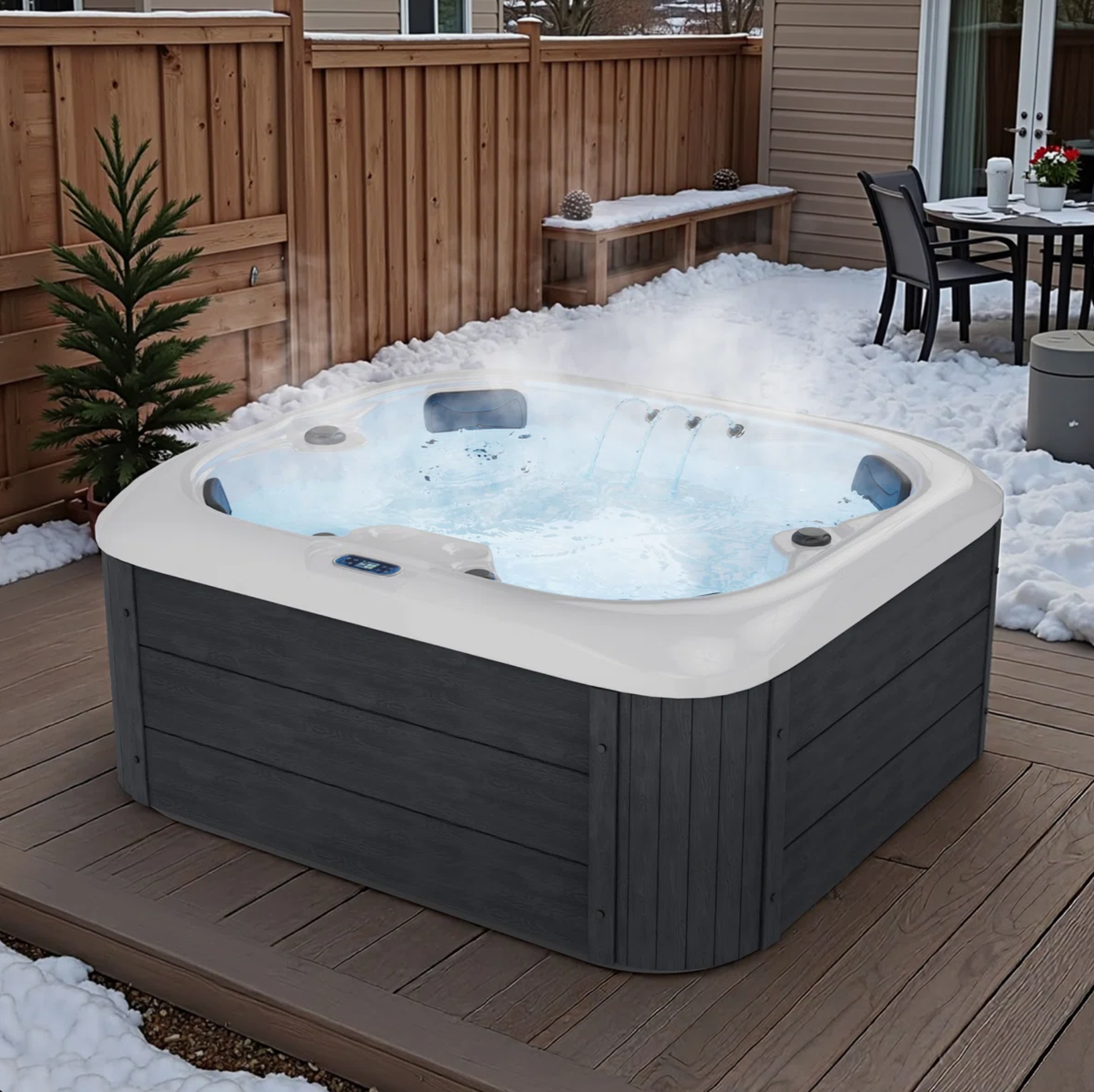 Spa extérieur 4 places prêt à l'emploi avec cascade LED, ozoniseur et couverture