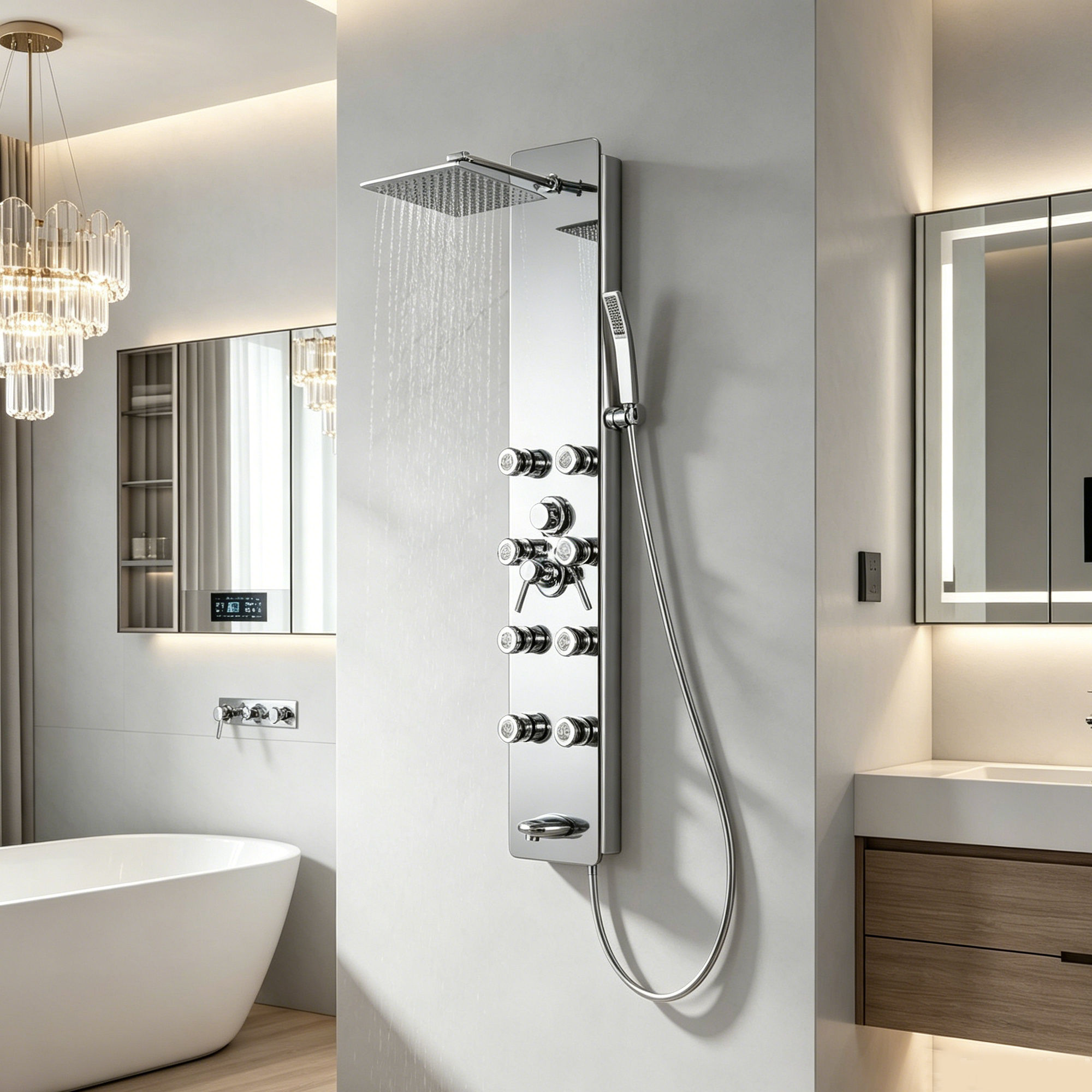 Whirlwell stainless steel shower panel in modern luxury bathroom