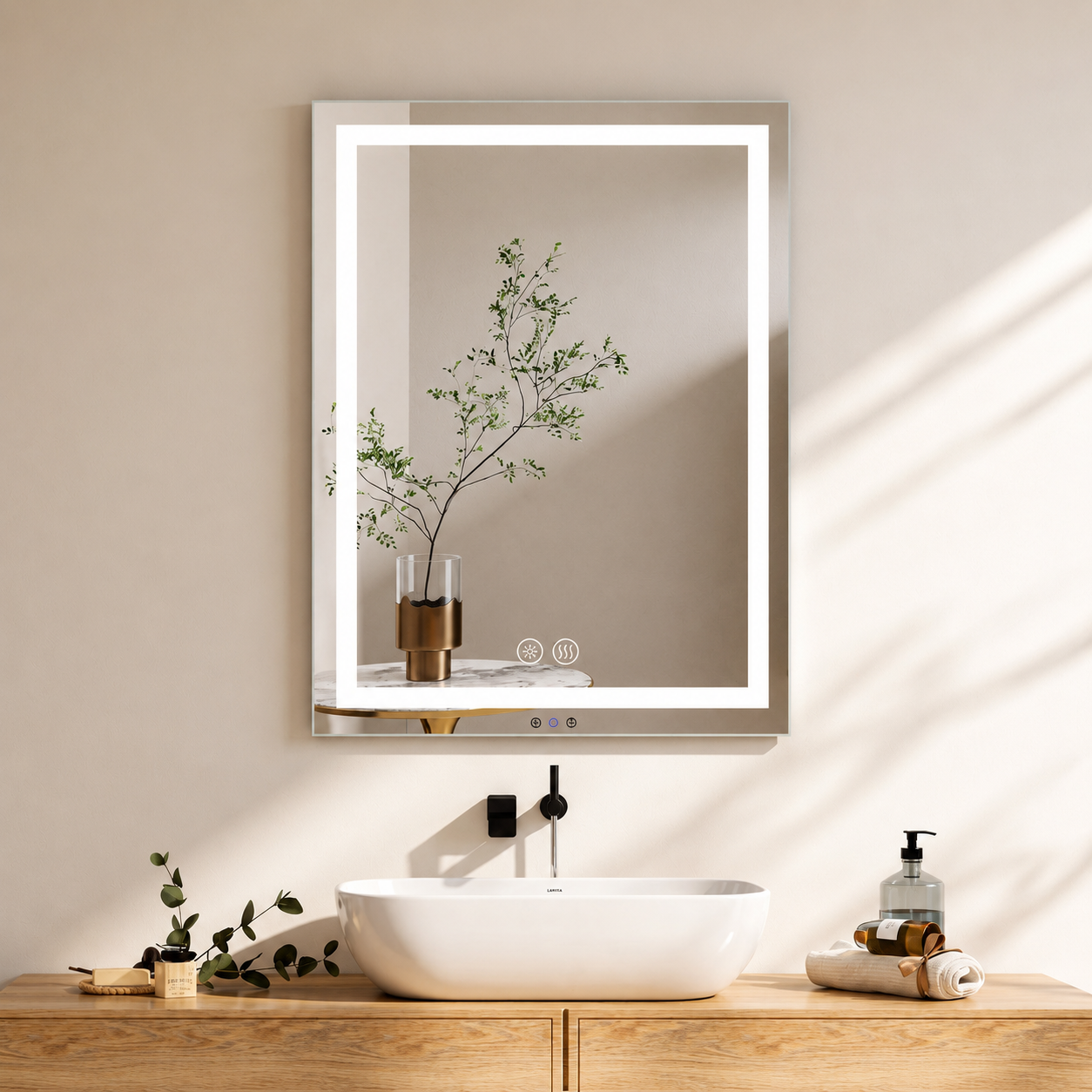 Frameless LED bathroom mirror with anti-fog over vessel sink