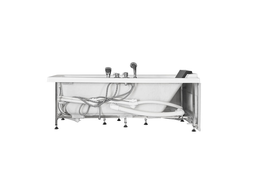 Miniature : Whirlwell 59x30 corner bathtub underside view showing plumbing, steel frame, and adjustable leveling legs