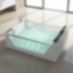 Whirlwell 71x47 whirlpool bathtub with glass panel installed in bright modern bathroom with floor-to-ceiling windows