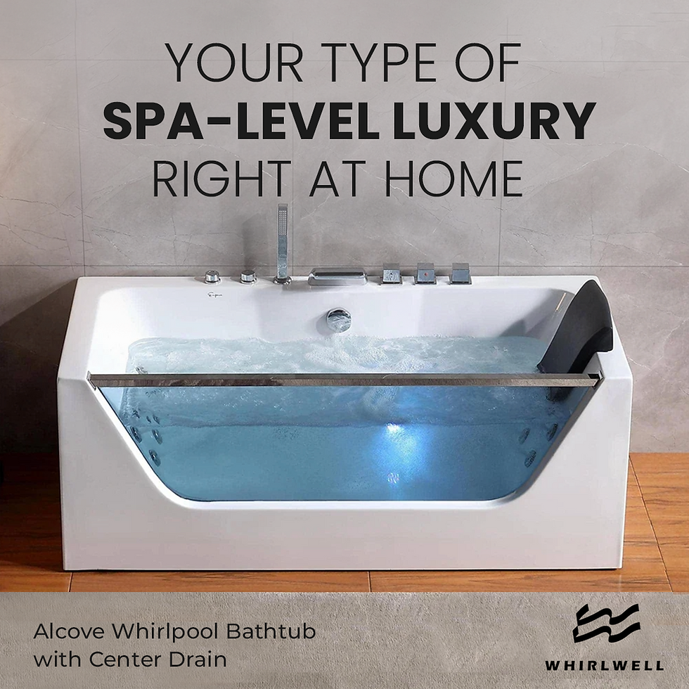 Thumbnail: Whirlwell alcove whirlpool bathtub with center drain and glass panel showing spa-level luxury at home