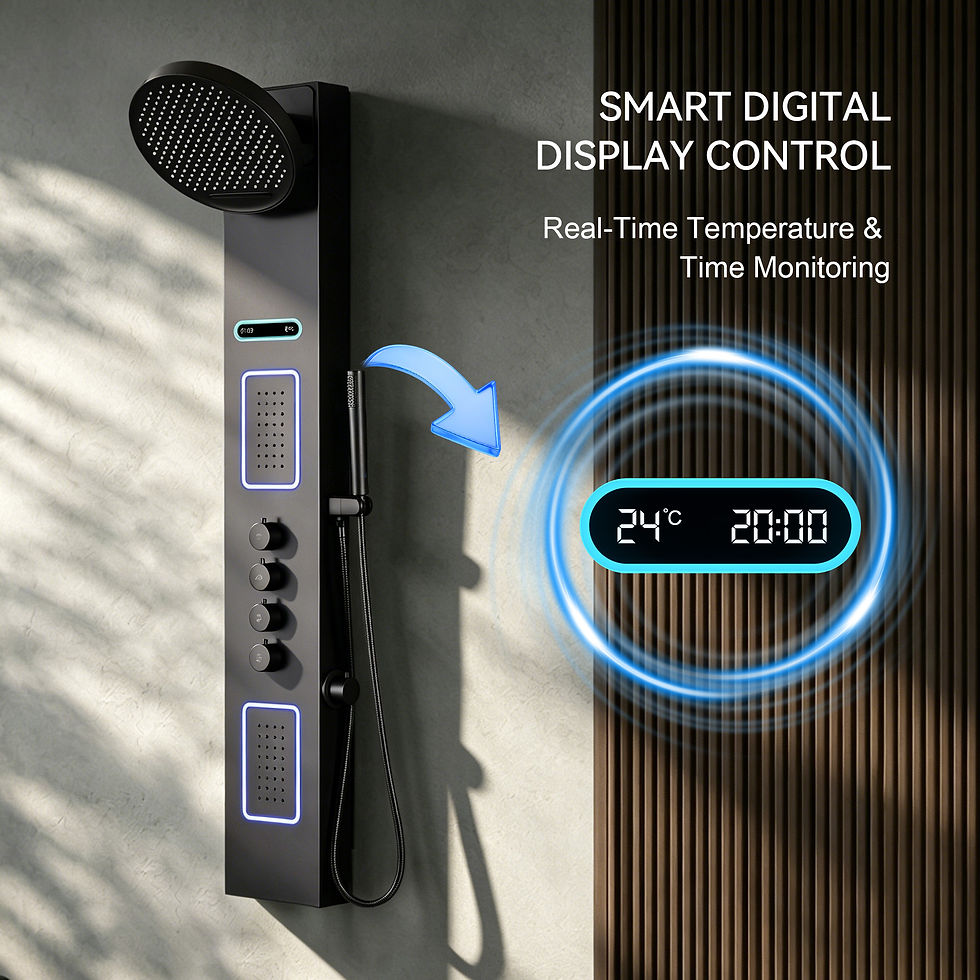 Miniature : Smart digital display showing temperature and time on a matte black LED shower panel