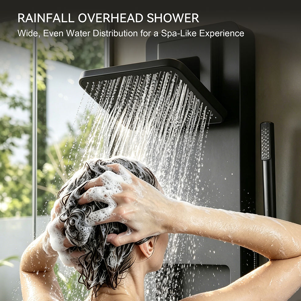 Woman rinsing hair under the wide rainfall overhead shower
