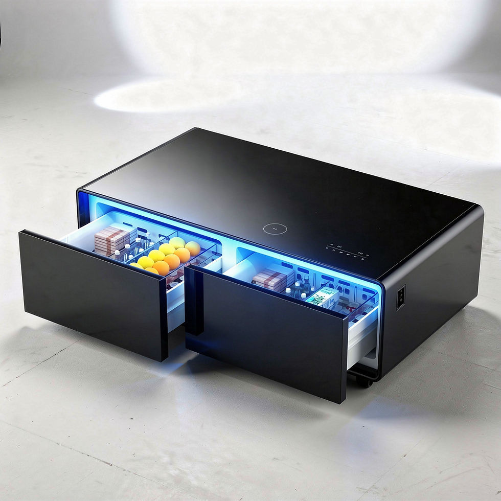 Black smart coffee table with built-in fridge in modern dark living room setting