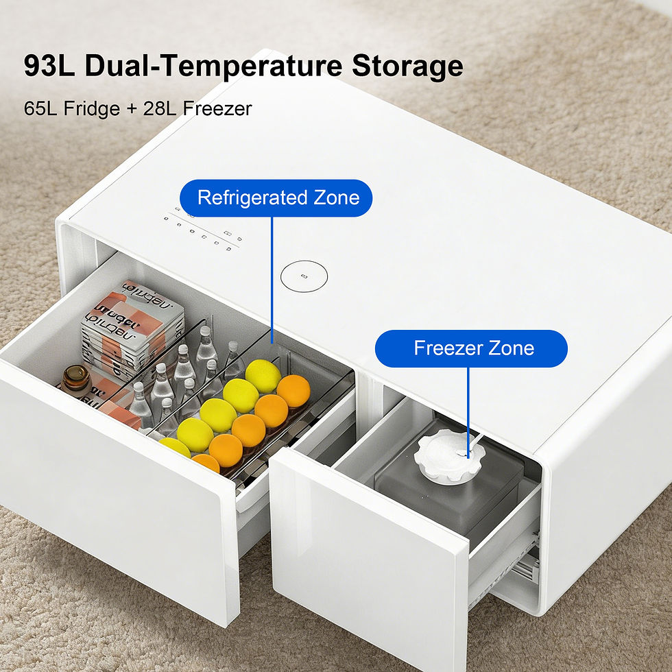 Thumbnail: 93L dual-temperature storage diagram showing 65L refrigerated zone and 28L freezer zone on white model