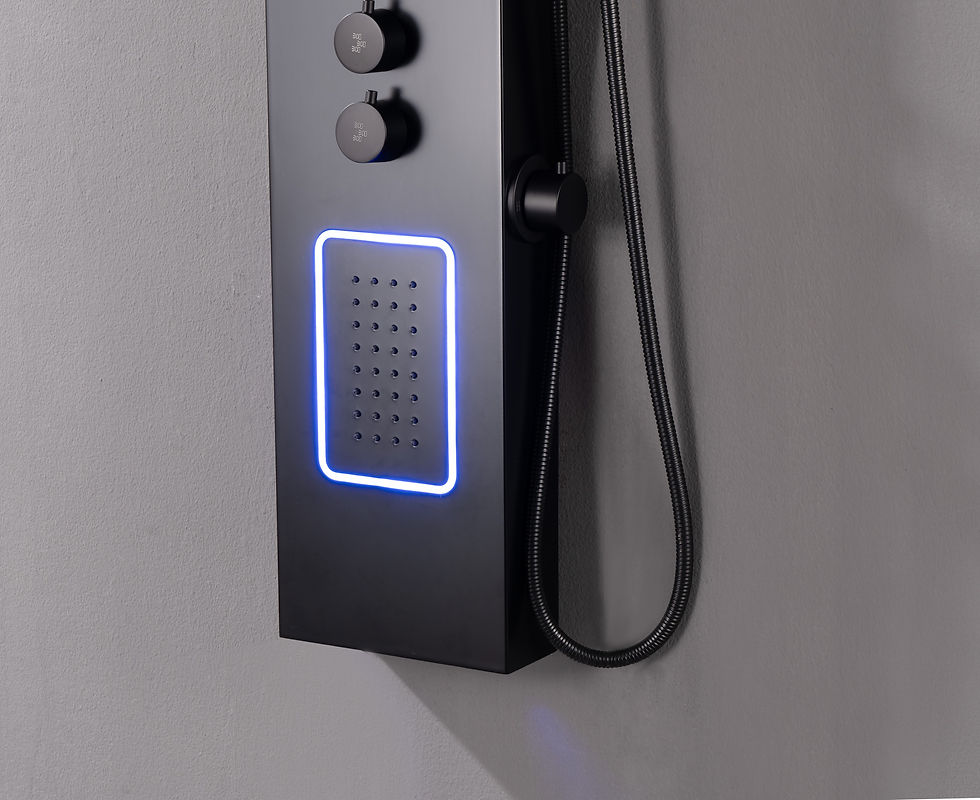 Miniature : Blue LED-lit body jet panel and flexible hose on a matte black shower panel