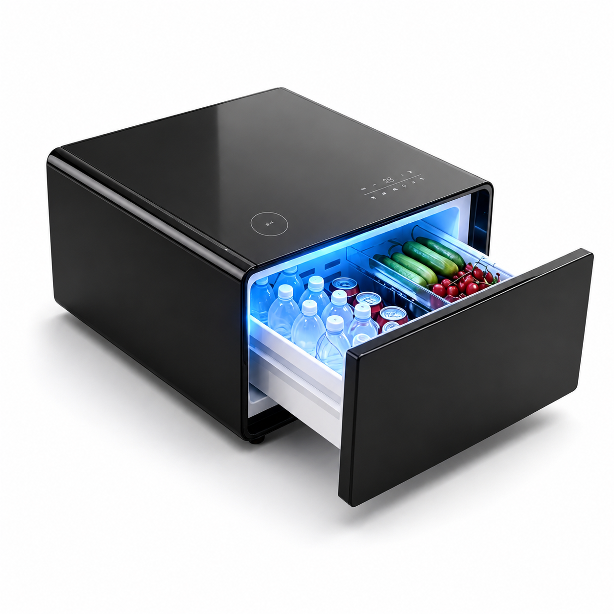 Black smart coffee table with fridge drawer open