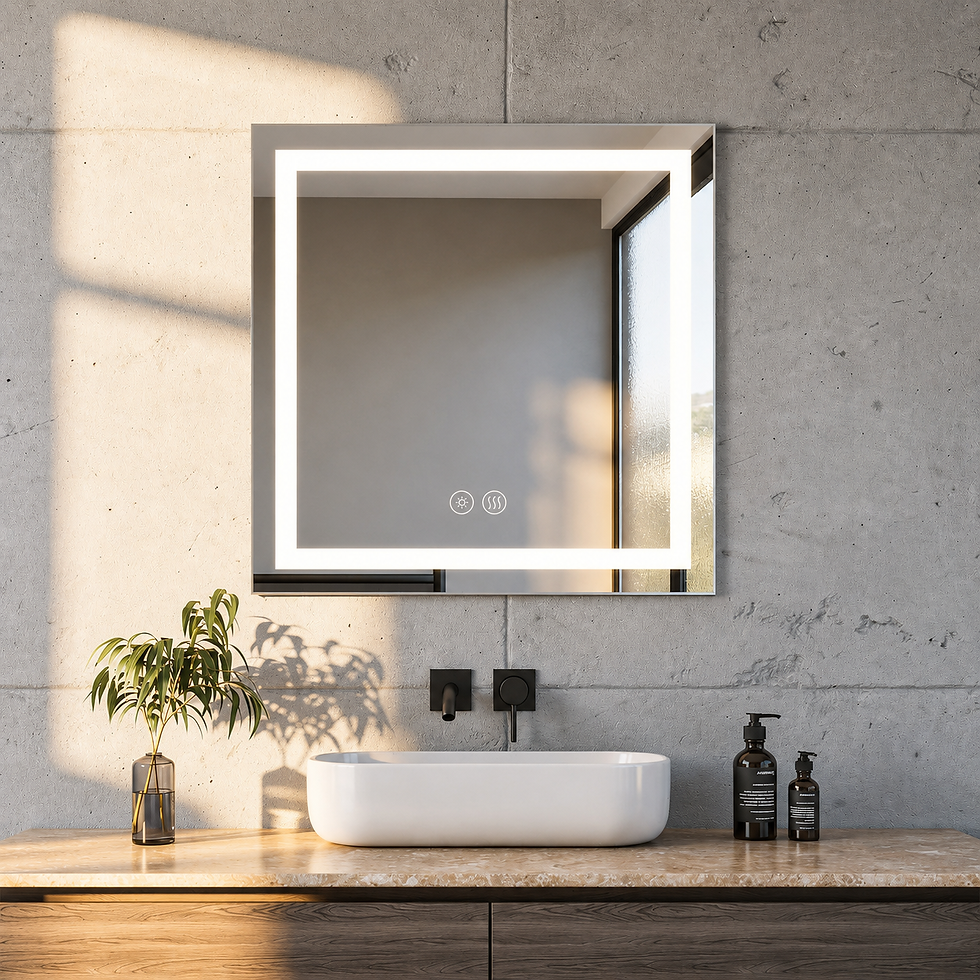 Square LED bathroom mirror with anti-fog over vessel sink