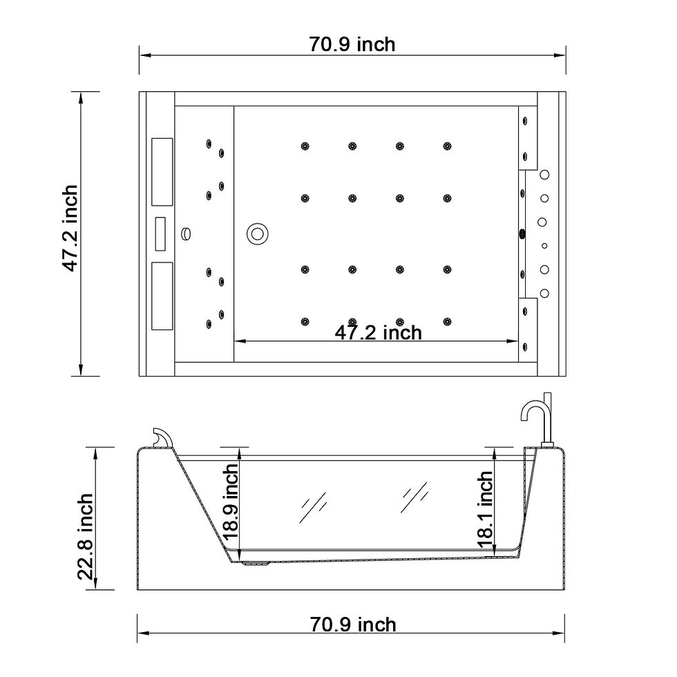 Miniature : Technical dimension diagram of Whirlwell 71x47 bathtub: 70.9x47.2x22.8 inches top and side views