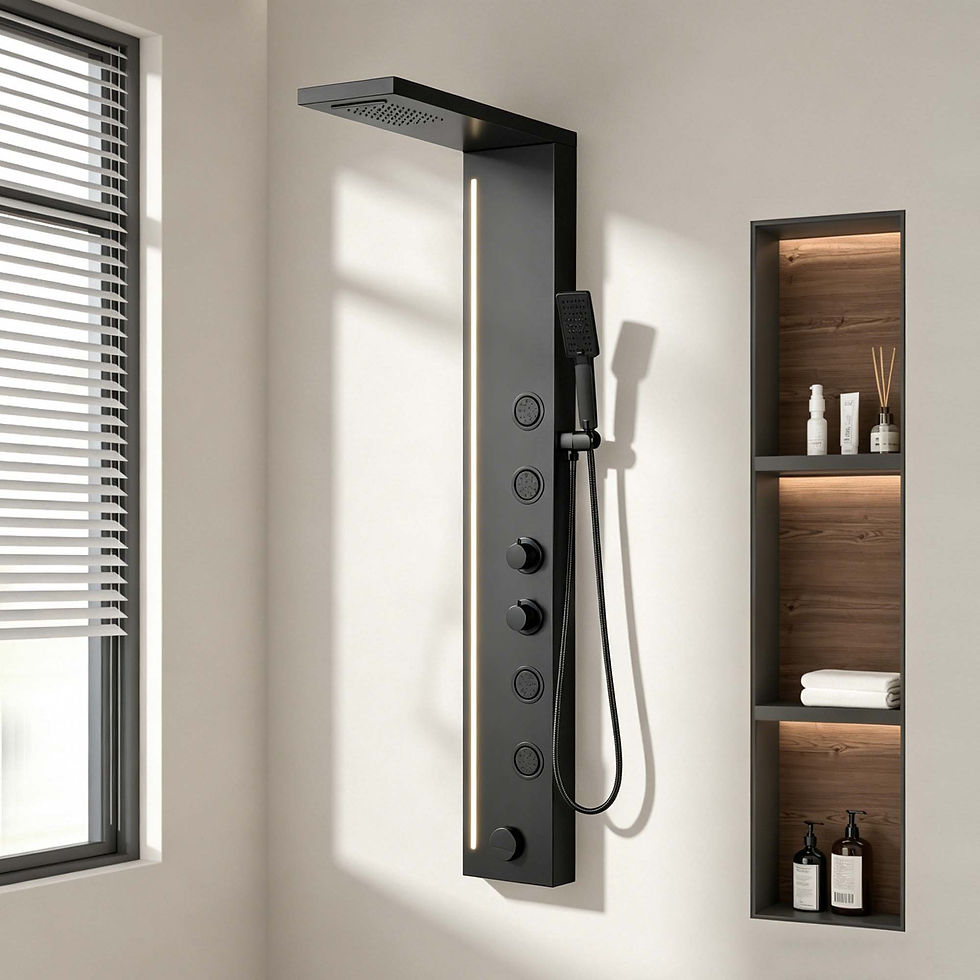 Black shower tower in modern bathroom corner