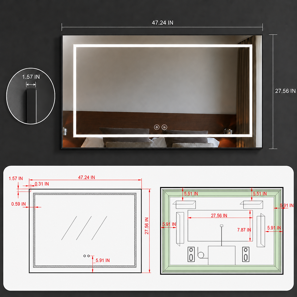 Thumbnail: Black framed LED bathroom mirror dimensions: 47.24 x 27.56 inches, 1.57 inch frame depth, with installation measurements