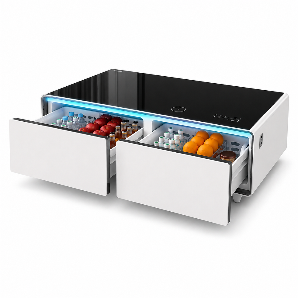 White smart coffee table with dual fridge drawers