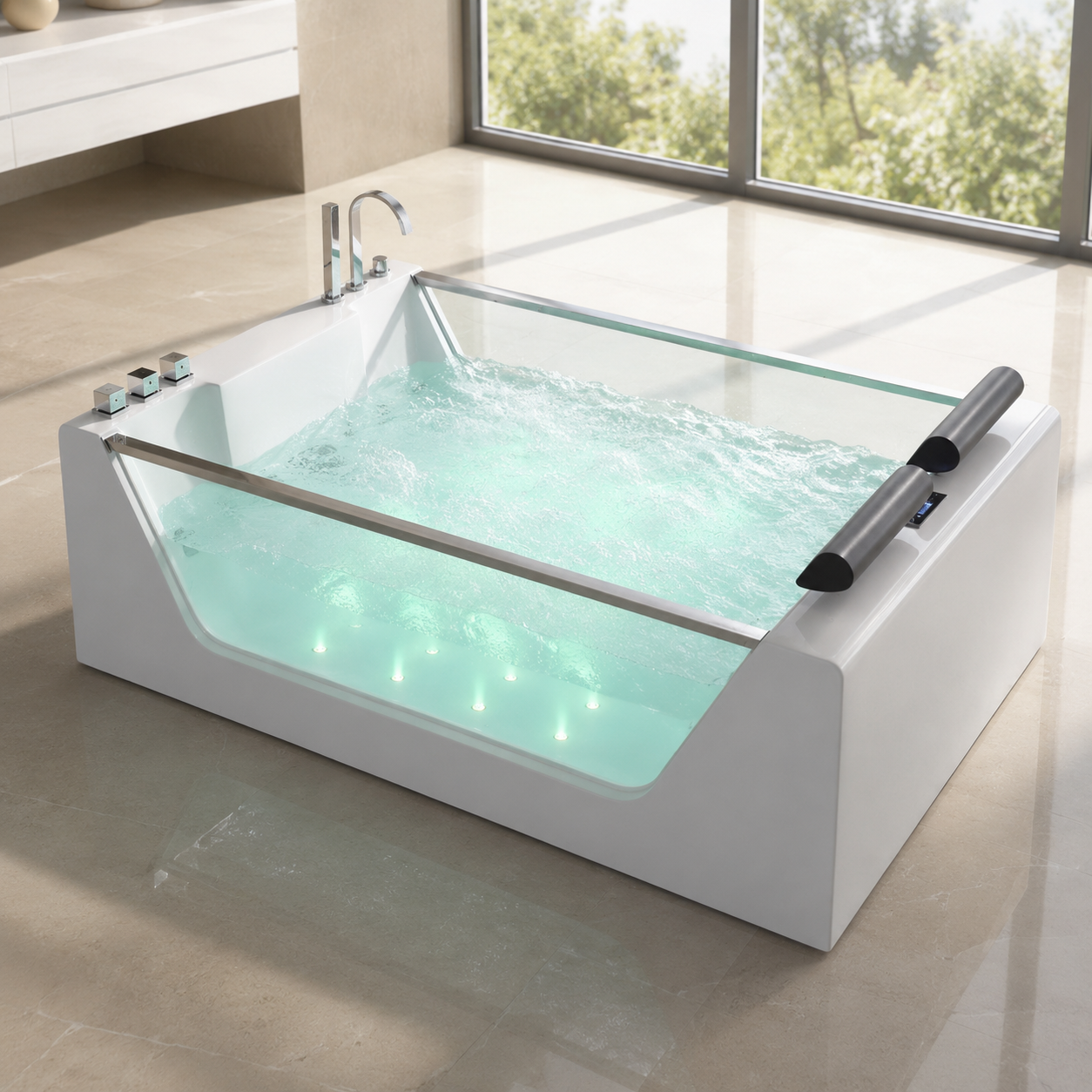 Luxury 71 inch freestanding whirlpool bathtub with glass side panels