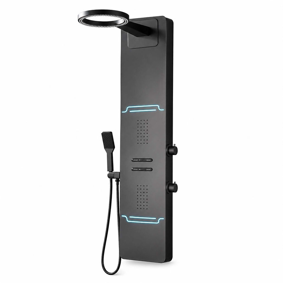 Thumbnail: Whirlwell matte black shower panel with halo rainfall head, body jets, handheld wand and cyan LED