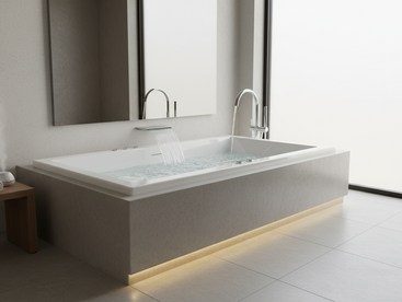 Eye-level view of a modern whirlpool bathtub in a stylish bathroom