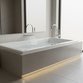 Eye-level view of a modern whirlpool bathtub in a stylish bathroom