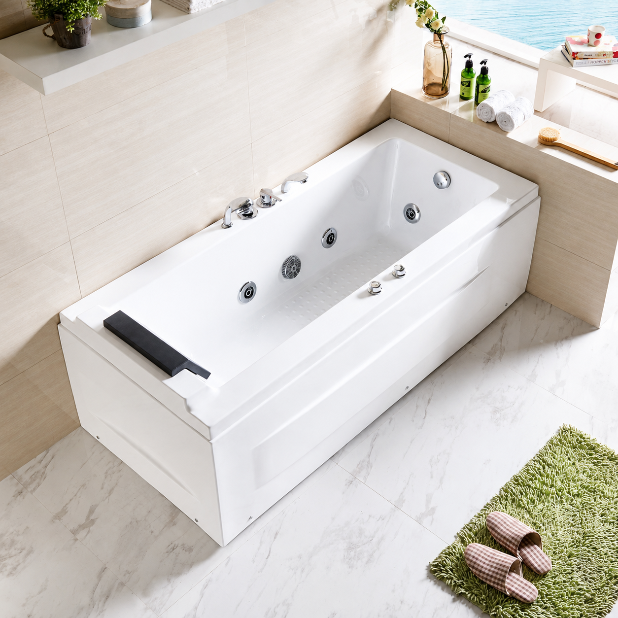 White corner whirlpool bathtub in modern bathroom setting