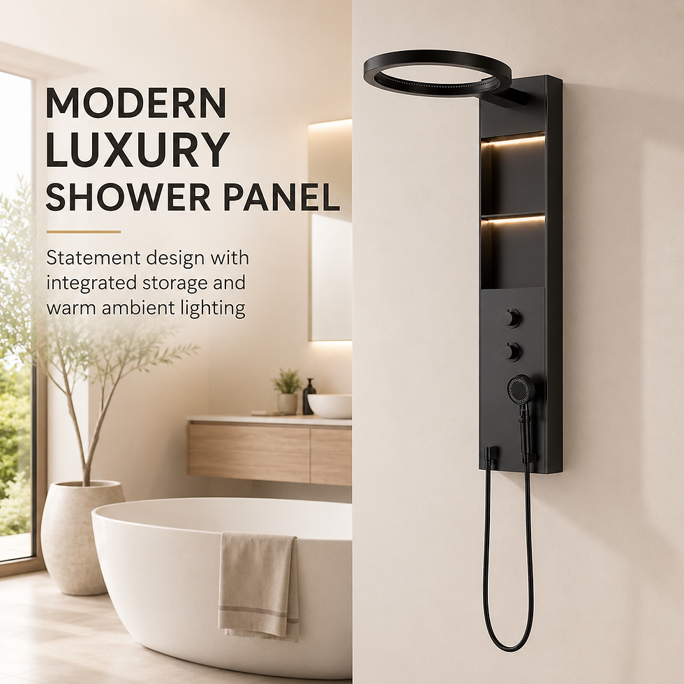 Modern matte black shower panel with storage shelves and ambient lights