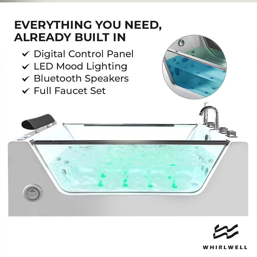 Thumbnail: Whirlwell bathtub built-in features: digital control panel, LED lighting, Bluetooth speakers, and faucet set