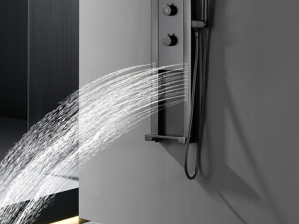 Thumbnail: Side massage jets spraying water from black shower panel