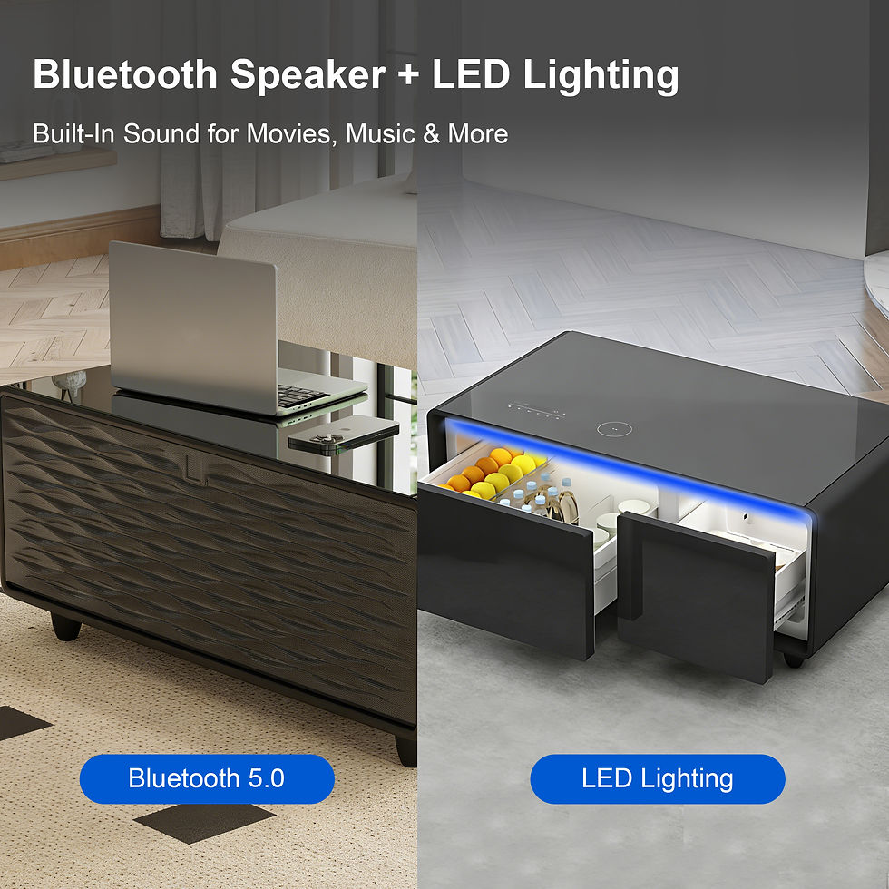 Thumbnail: Bluetooth 5.0 speaker grille and LED lighting on black smart coffee table with open fridge drawer