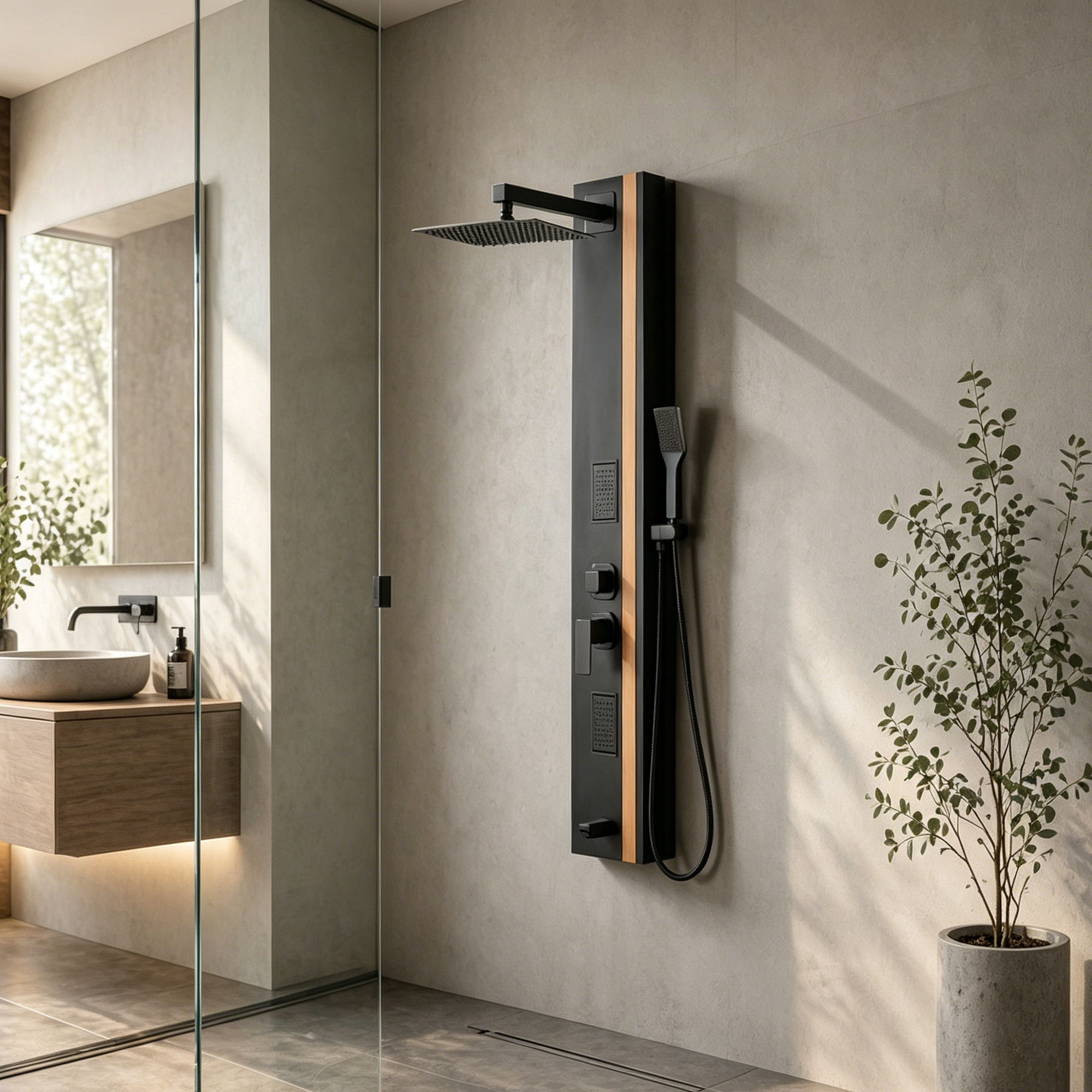 Black shower panel mounted in modern bathroom