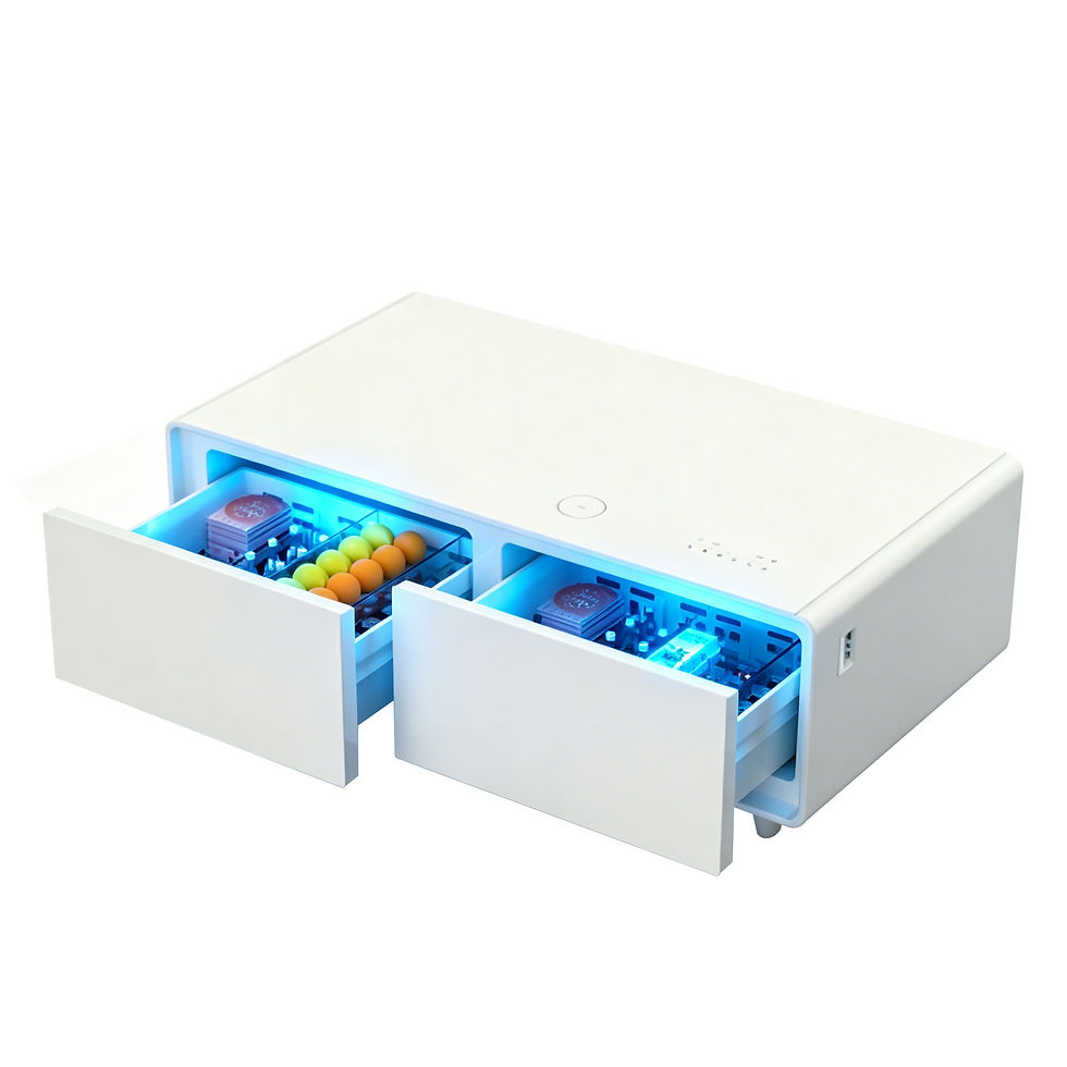 White smart coffee table with both fridge drawers open