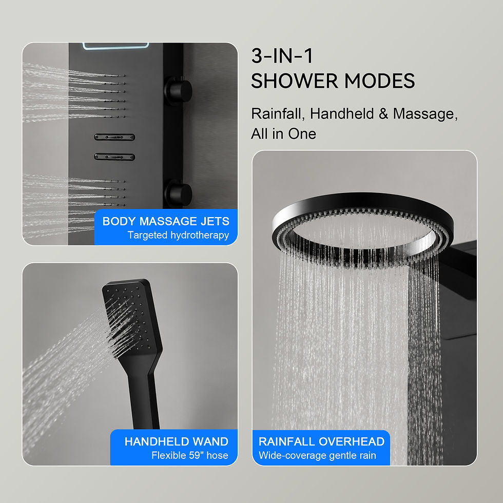 Thumbnail: Three spray modes of the Whirlwell shower panel: rainfall, handheld wand and body jets