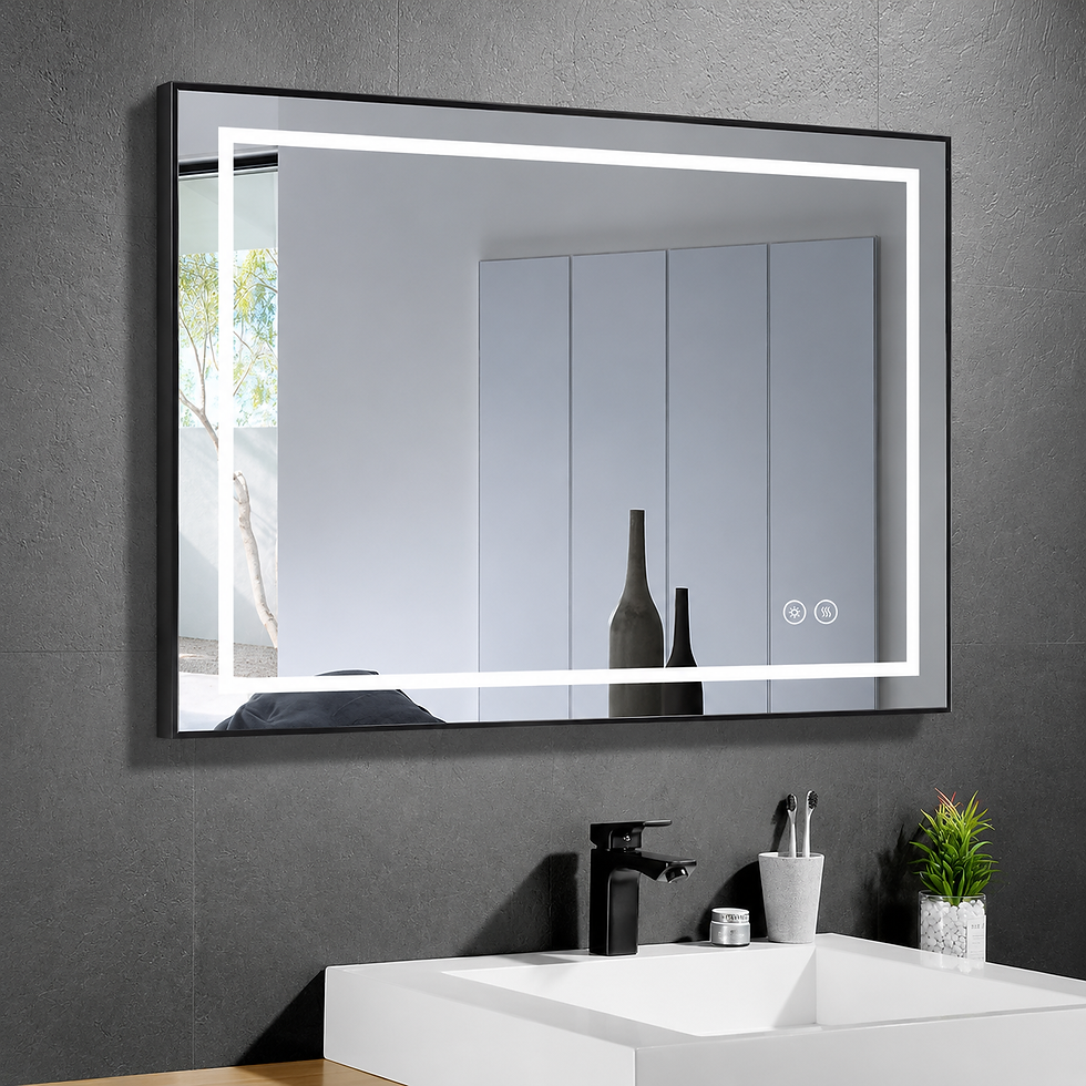 Black-framed front-lit LED bathroom mirror over square sink