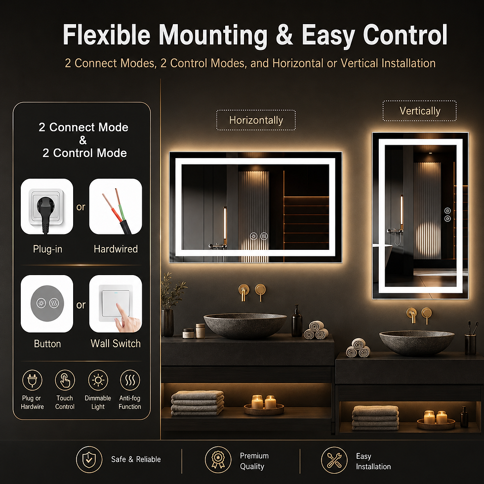Miniature : Black framed LED mirror flexible mounting and control: plug-in or hardwired, button or wall switch, horizontal or vertical