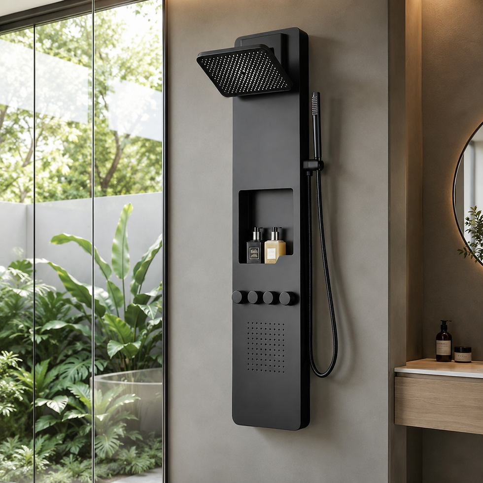 Matte black shower panel with shelf in a modern bathroom