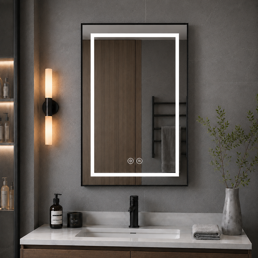 Black framed LED bathroom mirror with touch controls above white vanity with black faucet