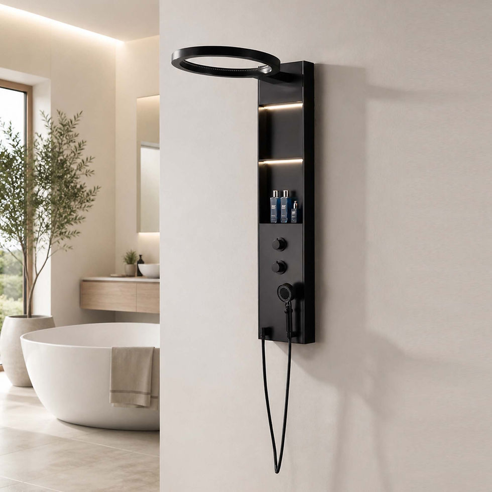 LED shower panel mounted in modern bathroom