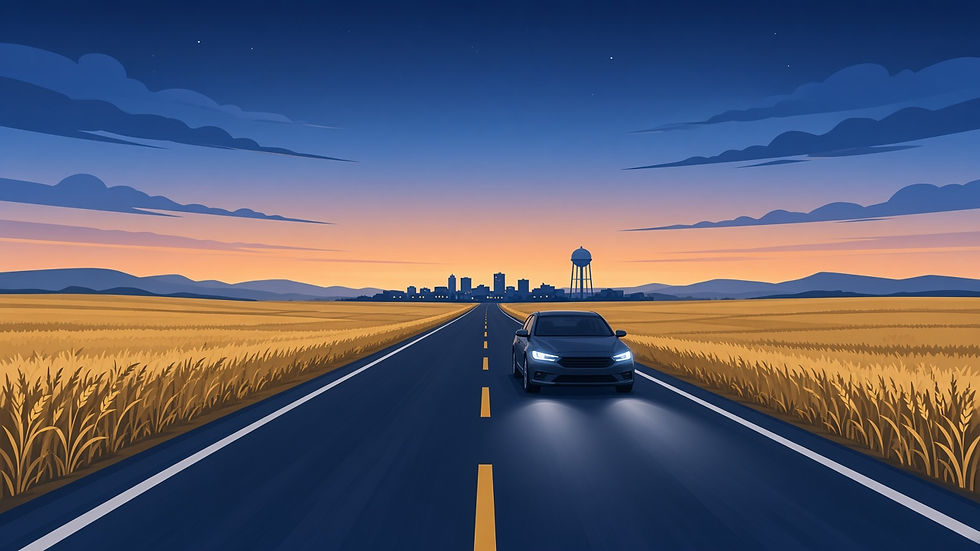 Clip art of a highway at dusk leading to Altus