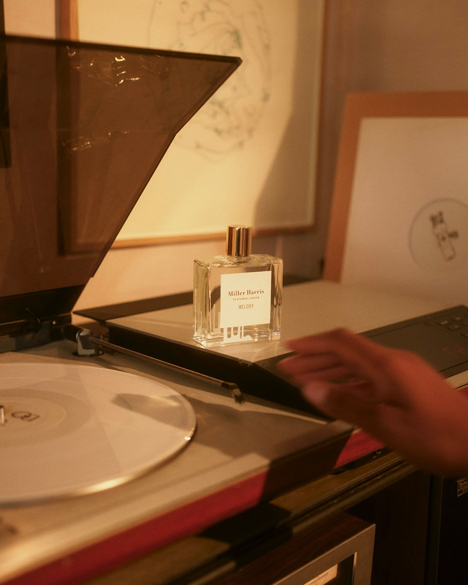 Miller Harris - Melody perfume near a vinyl record player