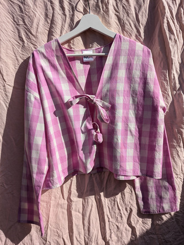 Mabel tie front long sleeve top ❀ Pink Gingham MollyAlice