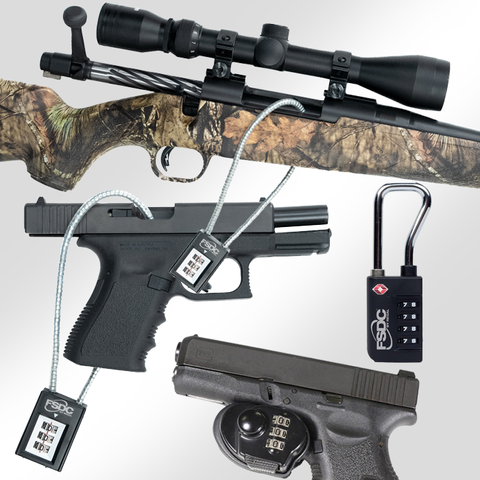 Images of combination cable locks on various firearms.